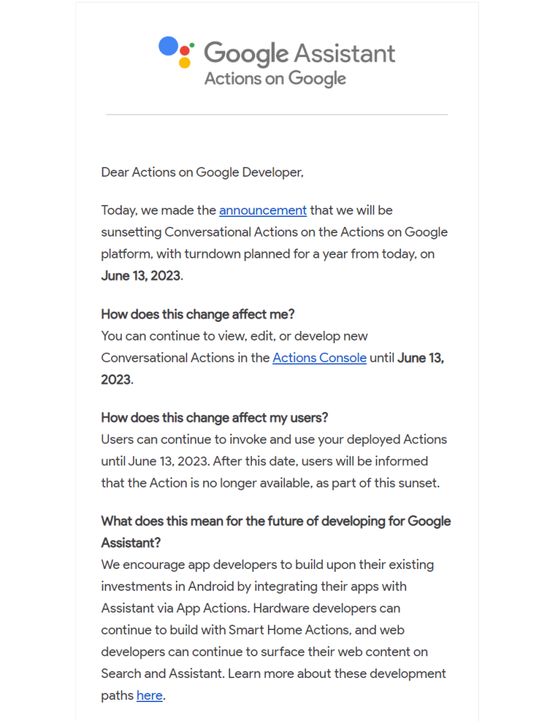 Google announcement about sunsetting Conversational Actions